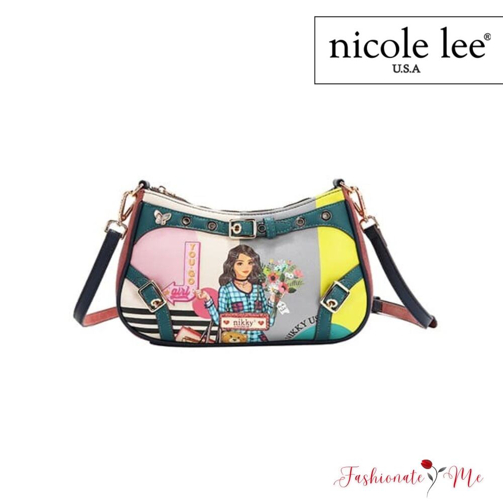Nicole Lee USA Nikky Goes Shopping Crescent Shaped Zipper Closure Crossbody Bag